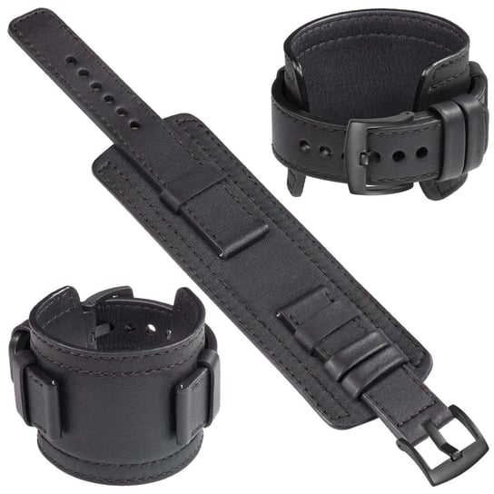 moVear Cw1 22mm Szeroki skórzany pasek do zegarka / smartwatcha | Czarny z czarnym przeszyciem, rozmiar M/L moVear