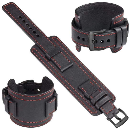 moVear Cw1 22mm Szeroki skórzany pasek do zegarka / smartwatcha | Czarny z czerwonym przeszyciem, rozmiar M/L moVear