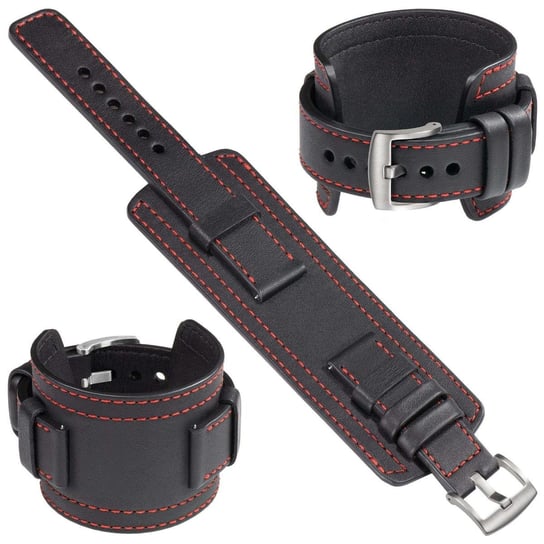 moVear Cw1 22mm Szeroki skórzany pasek do zegarka / smartwatcha | Czarny z czerwonym przeszyciem, rozmiar S/M moVear