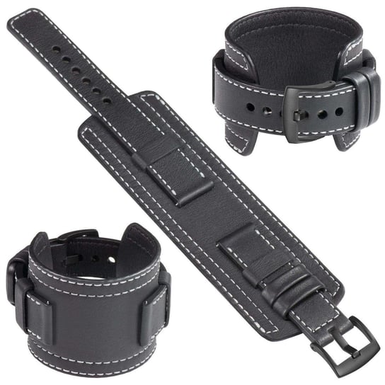 moVear Cw1 22mm Szeroki skórzany pasek do zegarka / smartwatcha | Czarny ze srebrnym przeszyciem, rozmiar M/L moVear