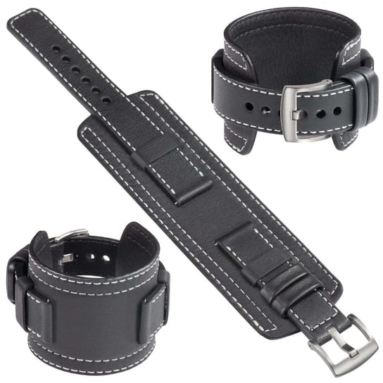 moVear Cw1 22mm Szeroki skórzany pasek do zegarka / smartwatcha | Czarny ze srebrnym przeszyciem, rozmiar S/M moVear