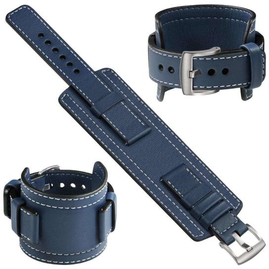 moVear Cw1 22mm Szeroki skórzany pasek do zegarka / smartwatcha | Granatowy ze srebrnym przeszyciem, rozmiar S/M moVear