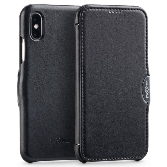 moVear flipSide C - Skórzane etui do Apple iPhone Xs / X (5.8") | Klasyczny pokrowiec z klapką, Skóra naturalna gładka (Czarny) moVear