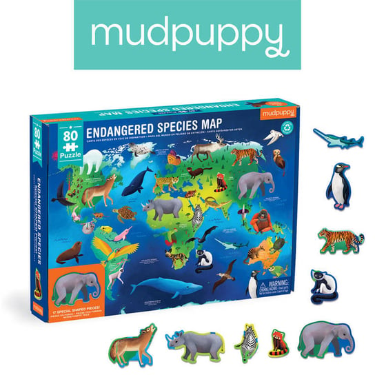 Mudpuppy, puzzle, edukacyjne, Zagrożone gatunki z elementami w kształcie zwierząt, 80 el. Mudpuppy