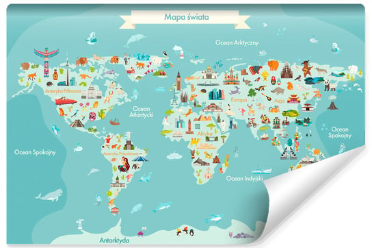 Muralo, Fototapeta dla dzieci 3D, mapa świata, zabytki, kultura, 135x90 cm Muralo