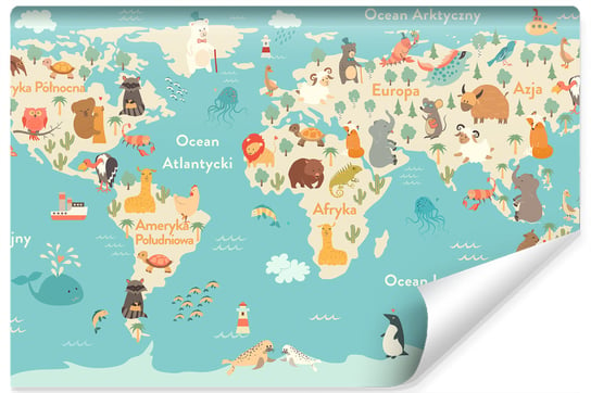 Muralo, Fototapeta dla dzieci, mapa kontynenty, zwierzęta, nauka, 135x90 cm Muralo