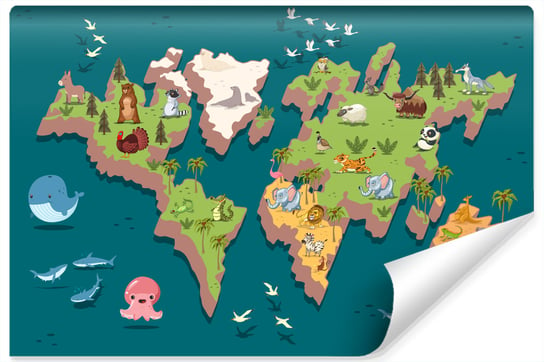 Muralo, Fototapeta do pokoju dziecięcego 3D, mapa świata, oceany, 135x90 cm Muralo
