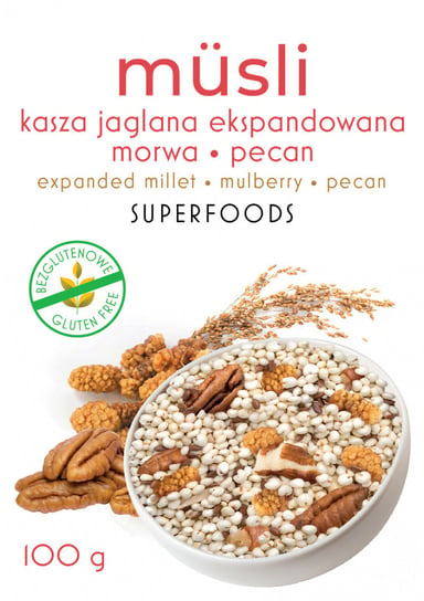 Musli bezglutenowe: kasza jaglana ekspandowana, orzech pekan oraz morwa biała, 100 g. Sunme