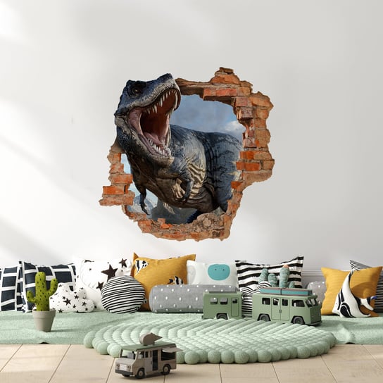 Naklejka Dla Dzieci Na Ścianę Dinozaur Cegły Dziura 3D 80Cm X 60Cm Muralo
