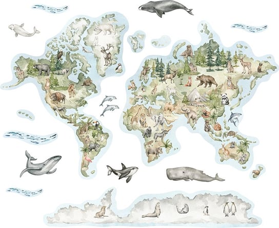 Naklejka do pokoju dziecięcego - mapa świata ze zwierzętami MagicalRoom