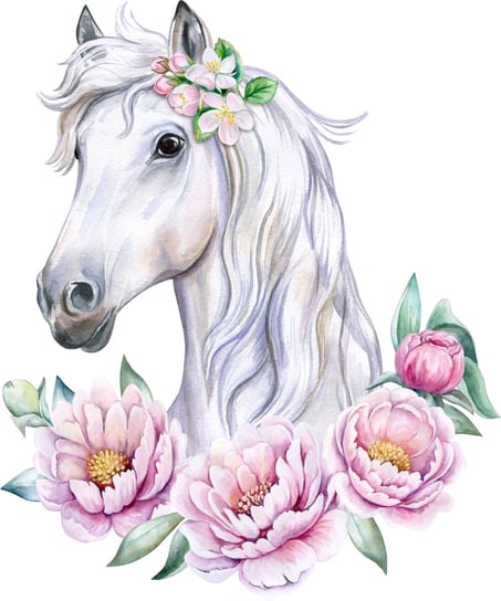 Naklejka na ścianę Biały Koń z piwoniami pony kucyk horse akwarela boho, 100x85 cm Naklejkolandia