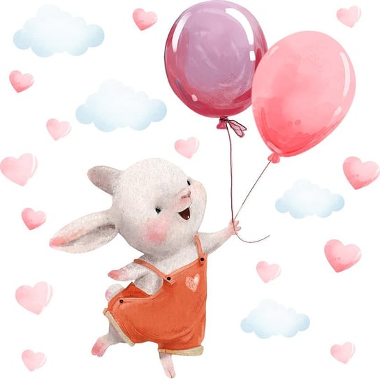 Naklejka na ścianę dla dzieci - królik z różowymi balonami i sercami MagicalRoom