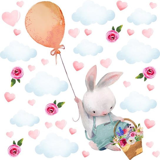 Naklejka na ścianę dla dziewczynki - królik, balon i kwiaty MagicalRoom