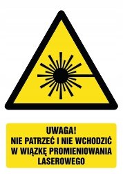 Naklejka Nie patrzeć i nie wchodzić w wiązkę promieniowania laser 30x42cm bez marki