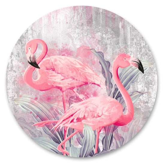 Naklejka Okrągła Flamingi Beton Rośliny Ptaki Liście Tropikalne 100Cm X 100Cm Muralo