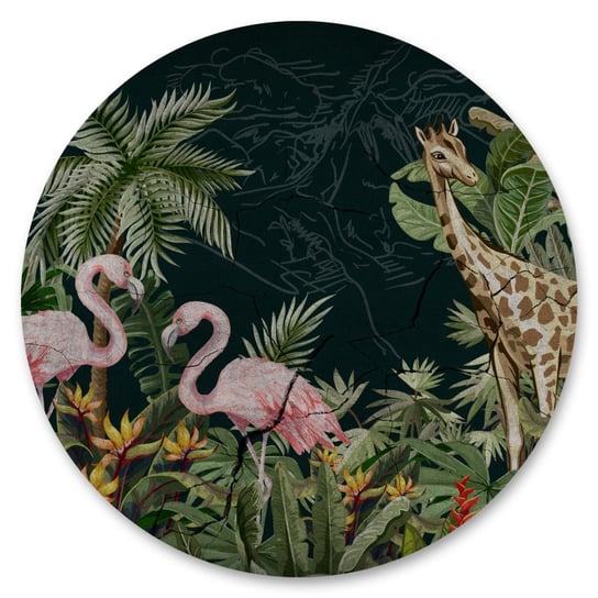 Naklejka Okrągła Flamingi Żyrafa Rośliny Dżungla Zwierzęta Liście 100Cm X 100Cm Muralo