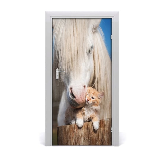 Naklejka samoprzylepna na drzwi Biały koń z kotem, Tulup Tulup