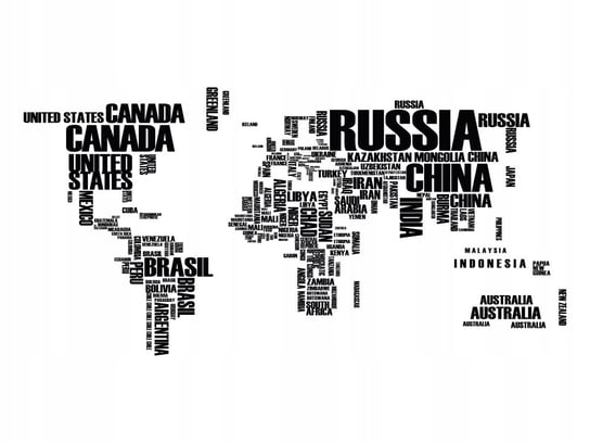 Naklejka z mapą mapa świata z liter nazwy państw, 240x120 cm Naklejkolandia