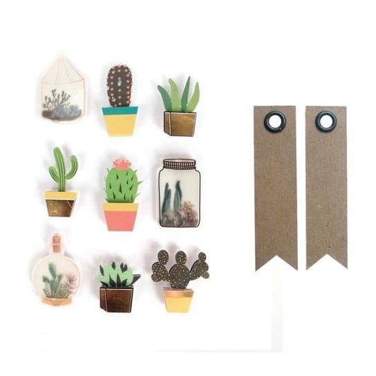 Naklejki 3D z kaktusami i roślinami - Creative Seed - 9 naklejek + 20 etykiet kraftowych z proporczykami Youdoit