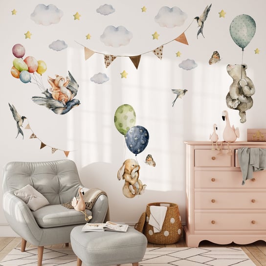 Naklejki Dla Dzieci Chmurki ZWIERZĄTKA Balony Gwiazdy Króliczek Miś ZESTAW Muralo