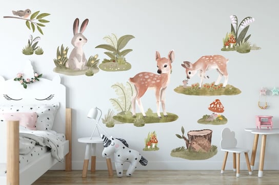 Naklejki dla dzieci ozdoba na ścianę leśne zwierzęta polana sarenki 60x120 Naklejkomania