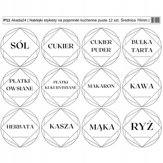 Naklejki etykiety na pojemnik plastikowy kuchenny PET 12 szt ( P11 - P16 ) Akada