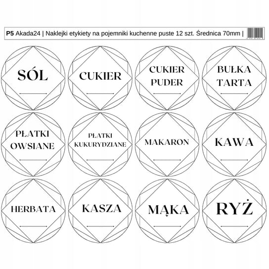 Naklejki etykiety na pojemnik plastikowy kuchenny PET 12 szt ( P5 - P10 ) Akada