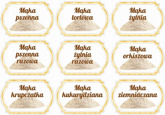 Naklejki etykiety słoiki pojemniki kuchenne 9szt E - mąka przenna, tortowa, zytnia, pszenna, orkiszowa, krupczatka, kukurydziana, ziemniaczana Akada