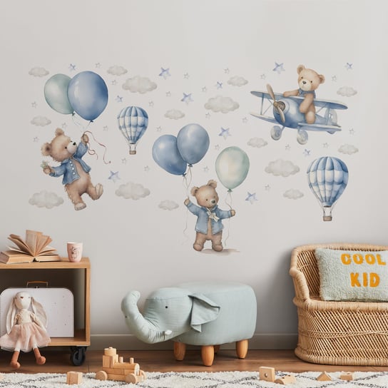 Naklejki Na Ścianę Dla Dzieci MISIE Balony Samoloty Chmurki Gwiazdki ZESTAW Muralo