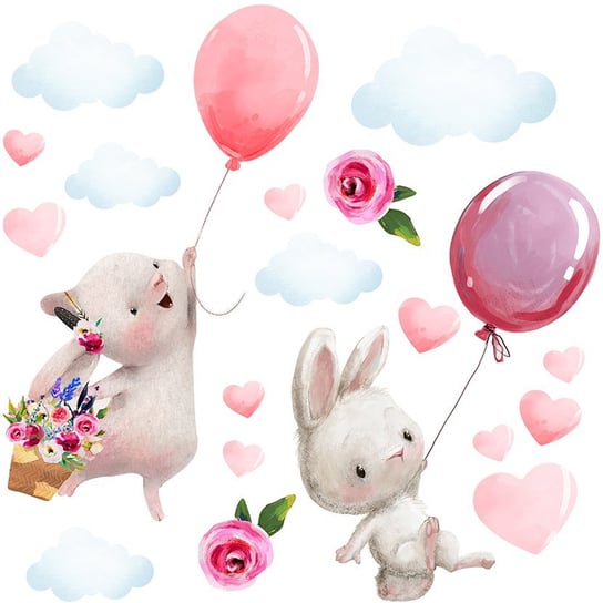Naklejki na ścianę dla dzieci - różowe balony i króliczki MagicalRoom