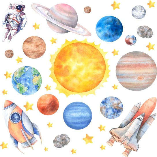 Naklejki na ścianę dla dzieci Układ Słoneczny kosmos rakiety planety gwiazdy edukacyjne, 100x50 cm Naklejkolandia