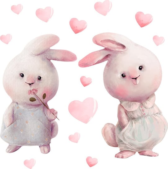 Naklejki na ścianę dla dziewczynki - dwa słodkie króliki i różowe serca MagicalRoom