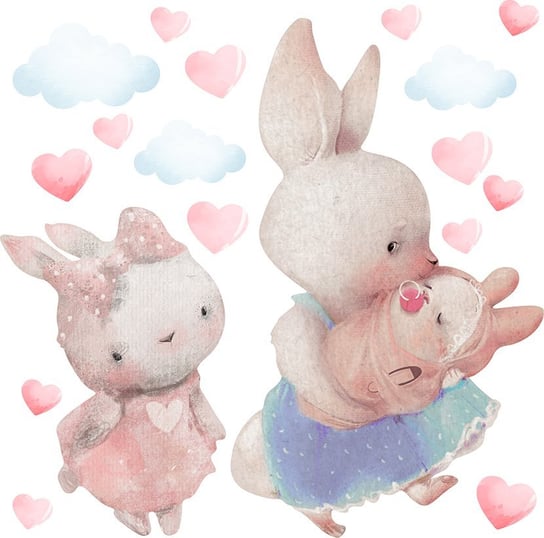 Naklejki na ścianę dla dziewczynki - króliczki, serca i chmurki MagicalRoom