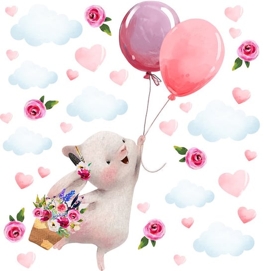 Naklejki na ścianę dla dziewczynki - królik, kwiaty i balony MagicalRoom