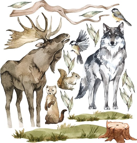 Naklejki na ścianę do pokoju dziecięcego - zwierzęta leśne, wilk, łoś i wiewiórka MagicalRoom