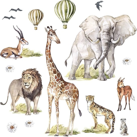 Naklejki na ścianę do pokoju dziecięcego - żyrafa, słoń, lew i dzikie zwierzęta Afryki MagicalRoom