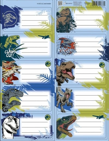 Naklejki na zeszyty Jurassic Park naklejki szkolne etykiety na zeszyty dinozaury Beniamin