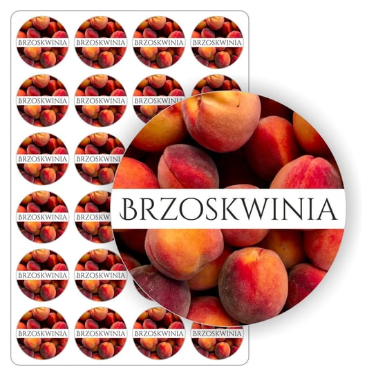 Naklejki, nalepki, etykiety etykietki samoprzylepne, arkusz naklejek etykiet, wodoodporne  na słoiki, bulelki, buteleczki, przetwory, weki, owoce, dżem BRZOSKWINIA drukant