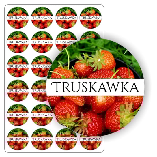 Naklejki, nalepki, etykiety etykietki samoprzylepne, arkusz naklejek etykiet, wodoodporne  na słoiki, bulelki, buteleczki, przetwory, weki, owoce, dżem, sok, kompot TRUSKAWKA drukant