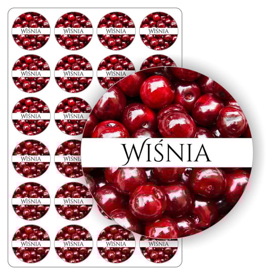 Naklejki, nalepki, etykiety etykietki samoprzylepne, arkusz naklejek etykiet, wodoodporne  na słoiki, bulelki, buteleczki, przetwory, weki, owoce, dżem, sok, kompot WIŚNIA drukant