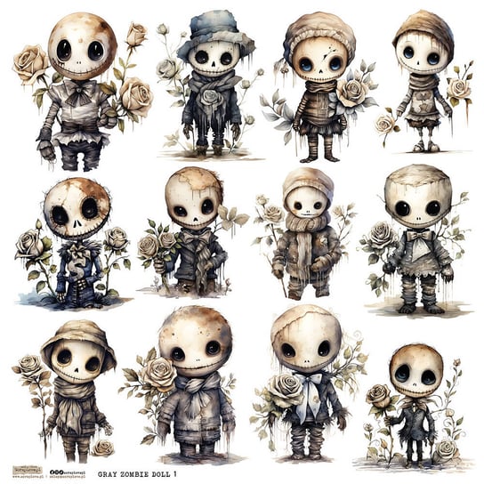 Naklejki papierowe 24x24 ScrapLove - Gray Zombie Doll 1 laleczki zombie scraplove.pl