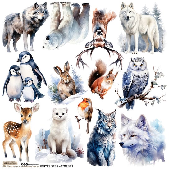 Naklejki papierowe 24x24 ScrapLove - Winter Wild Animals 1 zimowe zwierzęta wilk pingwin niedźwiedź scraplove.pl