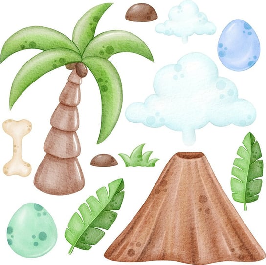Naklejki ścienne dla dzieci - zielone liście, wulkan i palma MagicalRoom