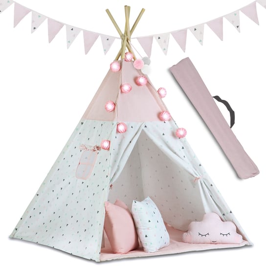 Namiot dla dzieci tipi, domek, iglo, wigwam, girlandą, poduszkami, światełkami, 120x120x165 cm różowy Ricokids Ricokids
