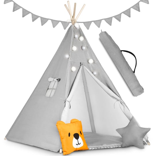Namiot dla dzieci tipi, domek, iglo, wigwam, z girlandą, poduszkami, światełkami, 120x120x160cm szary Ricokids Ricokids