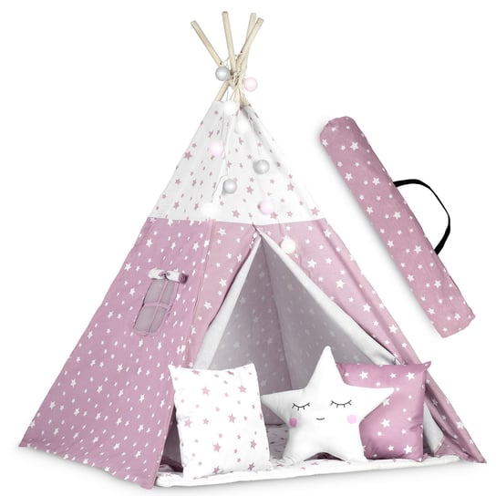 Namiot dla dzieci tipi, domek, iglo, wigwam, z poduszkami, światełkami, 120x120x160cm różowy Ricokids Ricokids