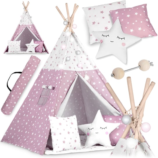 Namiot dla dzieci tipi, iglo, wigwam, z girlandą i poduszkami Nukido, różowy w gwiazdki Nukido