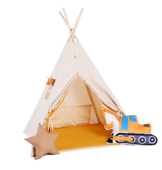 Namiot tipi dla dzieci, bawełna, okienko, koparka, kremowy miodek Sówka Design