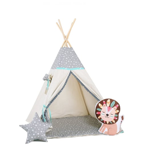 Namiot tipi dla dzieci, bawełna, okienko, lew, miętowa gwiazdeczka Sówka Design