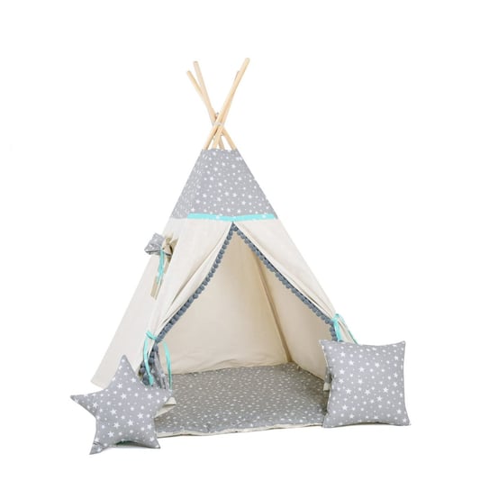 Namiot tipi dla dzieci, bawełna, okienko, poduszka, miętowa gwiazdeczka Sówka Design